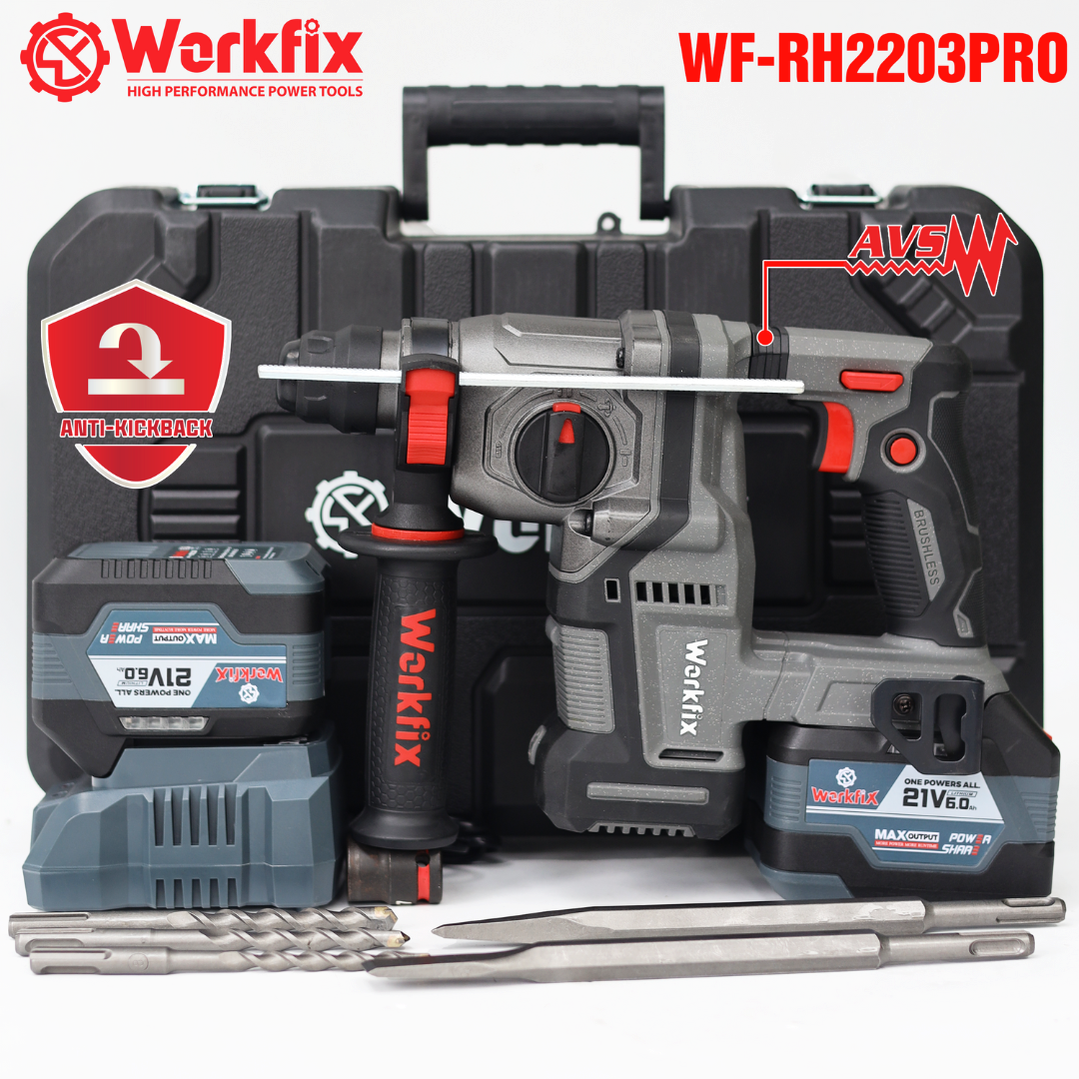 Máy khoan bê tông Workfix WF-RH2203PRO, khoan chống rung AVS, chống lật cổ tay Antikickback