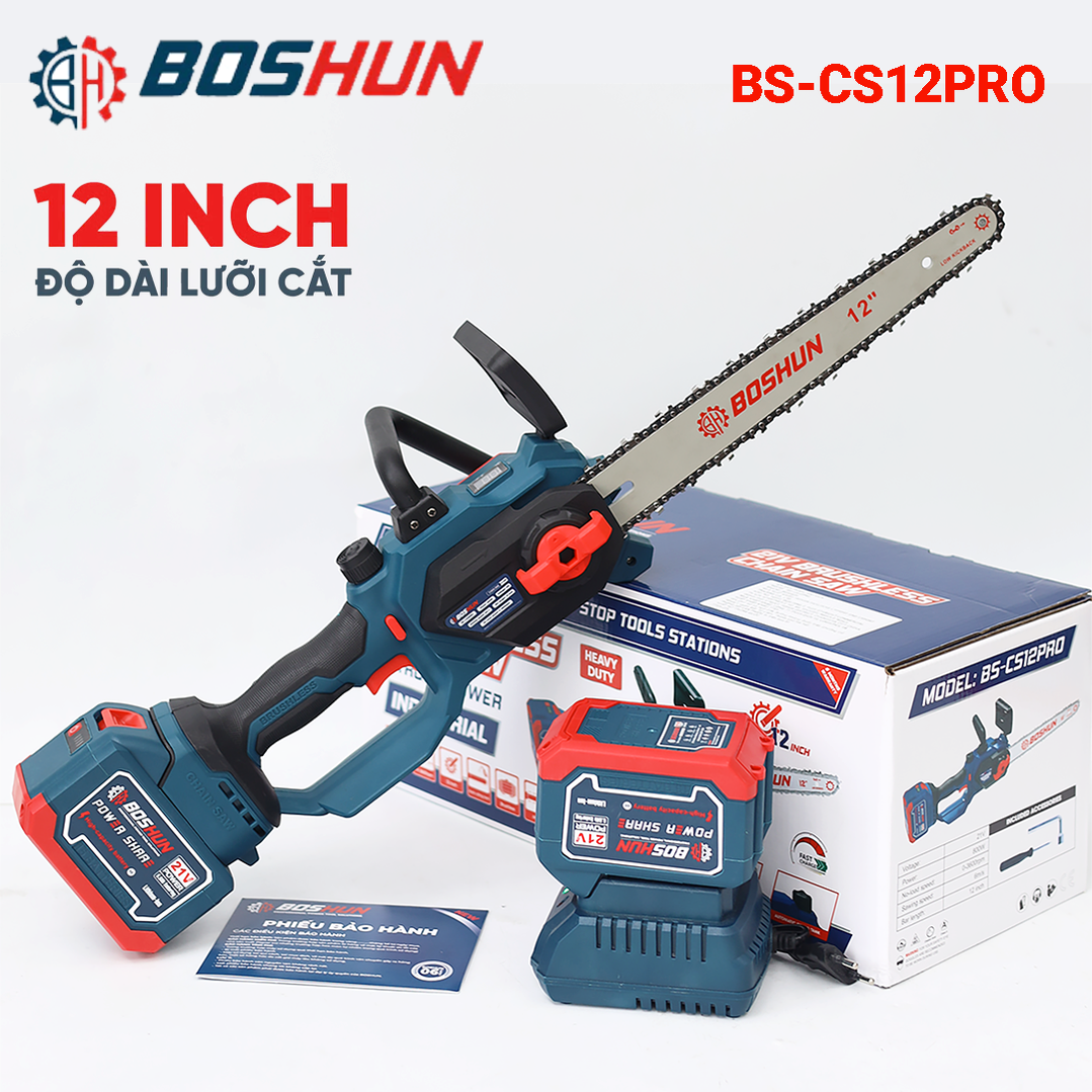 Máy cưa cầm tay 12 inch Boshun BS-CS12PRO, màn hình led hiện đại, pin 15 cell, không chổi than