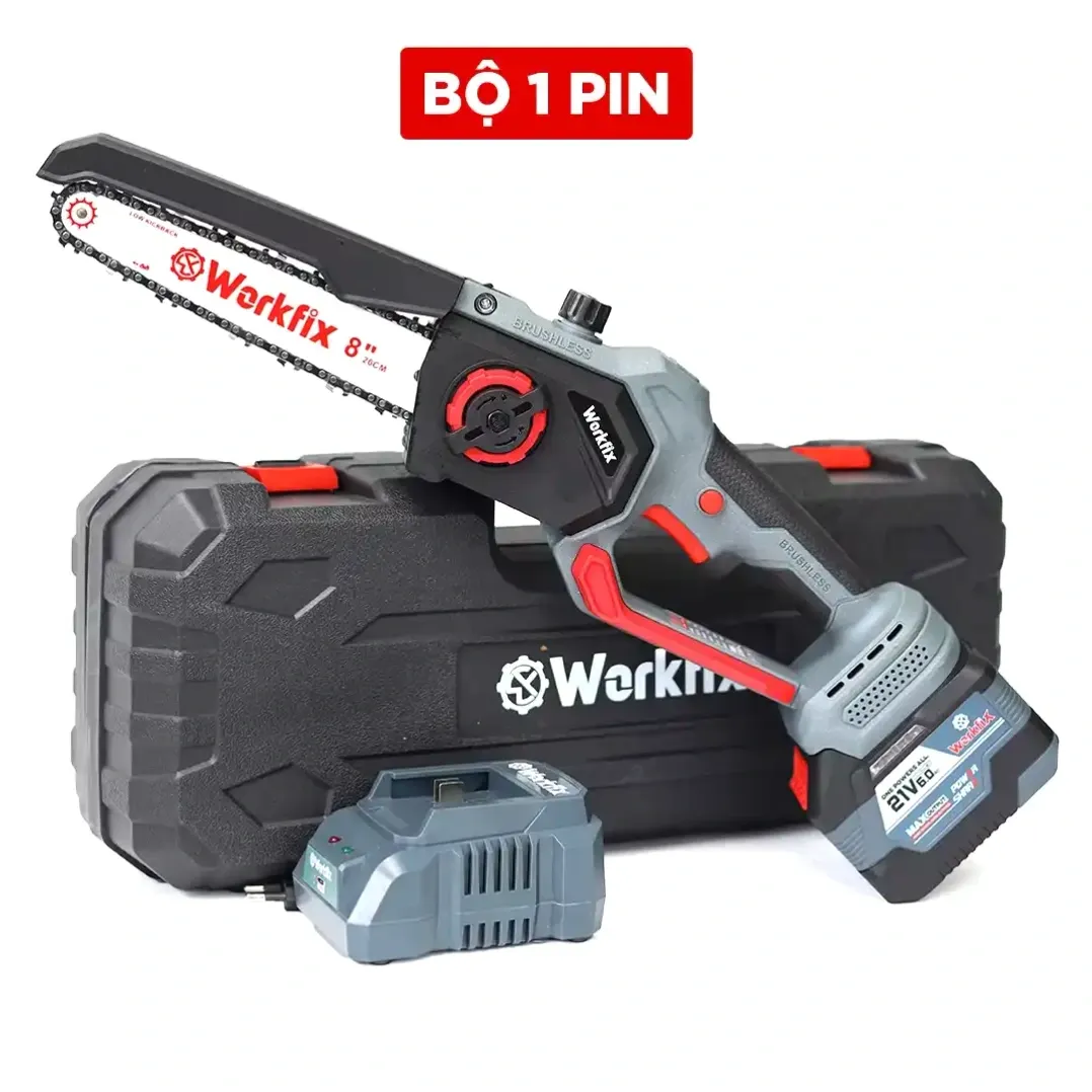 Máy cưa xích pin 8inch WORKFIX WF-CS08BL, Tra Nhớt Tự Động, không chổi than