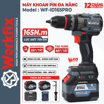 Máy khoan pin Workfix WF-ID165PRO, lực 165N, chống lật cổ tay, giảm chấn AVS