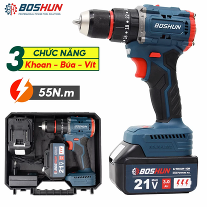 Máy khoan pin Boshun BS-ID2110BL, 2 pin 10 cell, lực siết 55 N.m, 3 chức năng, đầu kẹp autolock 10mm