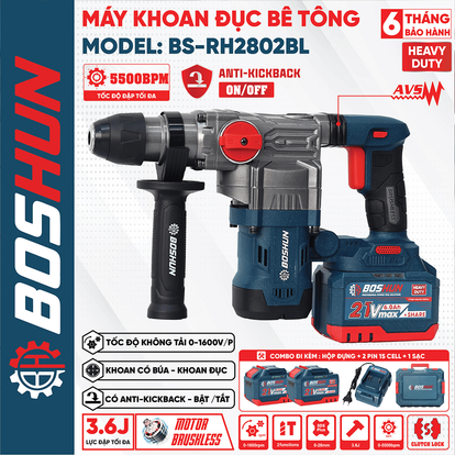 Máy khoan bê tông BOSHUN BS-RH2802BL, khoan chống rung AVS , chống lật cổ tay Antikickback