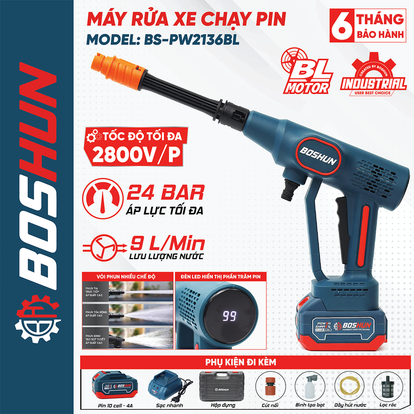 Máy rửa xe pin Boshun BS-PW2136BL, không chổi than, áp suất cực đại 24 bar, 2 pin 10 cell